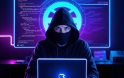 mezczyzna w bluzie z kapturem i maska na twarzy siedzi przy laptopie - kalsstockmedia