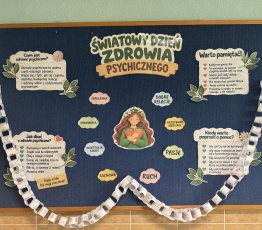 Gazetka szkolna - Swiatowy Dzien Zdrowia Psychicznego z przywieszonym lancuchem sposobow dbania o zdrowie psychiczne zrobionego przez uczniow szkoly