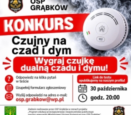 kolorowa grafika z czerwonymi elementami i bialymi napisami na zdjeciu czujka dymu i czadu